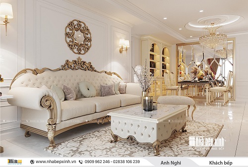Thiết kế nội thất phòng khách bếp tân cổ điển đẹp tại Emerald Celadon City 104m2 - NBX368